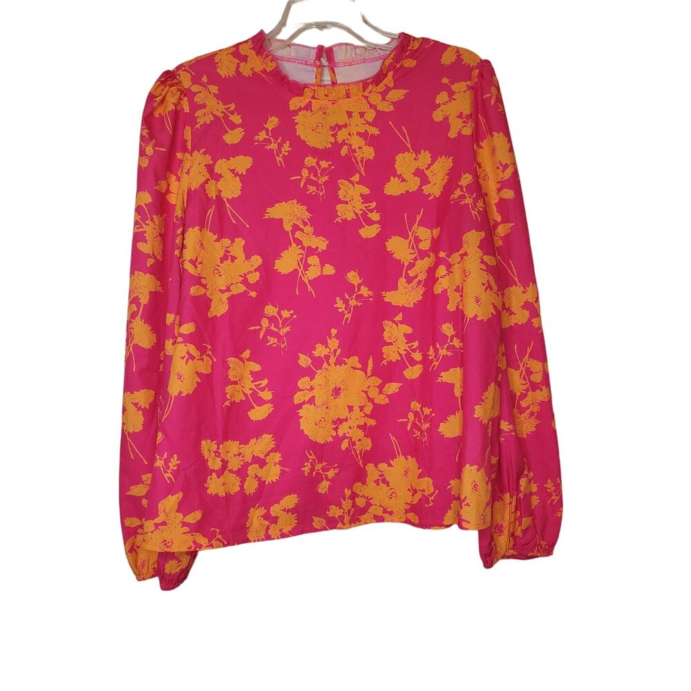Shein Summer Fun Bright Hot Pink Yellow Floral Romantic Pearl Close Shirt Sz 12